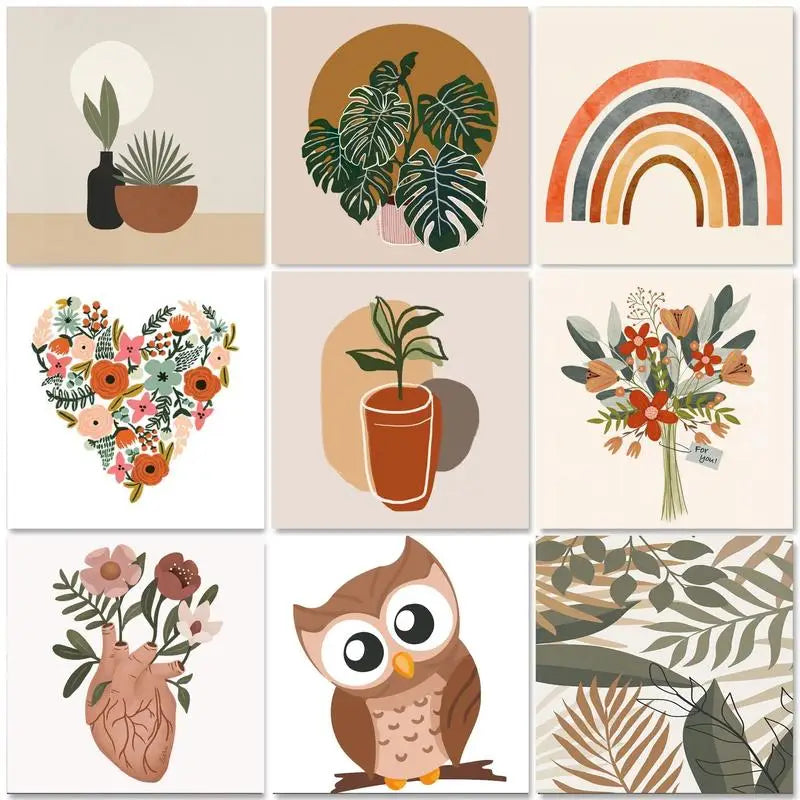 A collection of framed paint by numbers art featuring botanical and animal scenery, including leaves, flowers, and an owl.