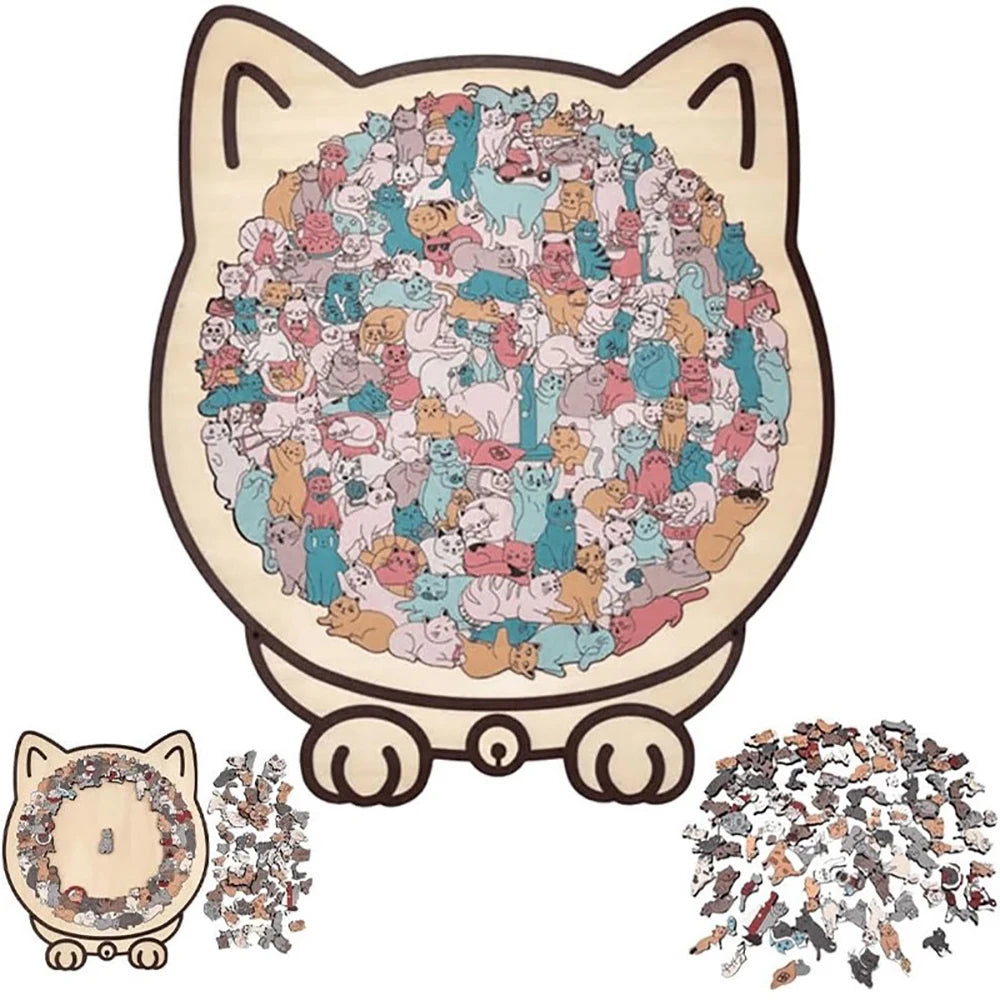 A wooden jigsaw puzzle shaped like a cat, featuring many small cats in a circular pattern.
