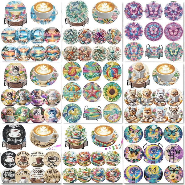 A collection of diamond painting coasters featuring various floral, nature, and decorative patterns.