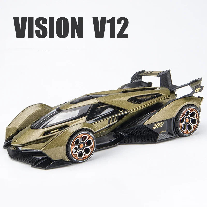 A green Lamborghini Essenza SCV12 diecast model car with wheels and details.