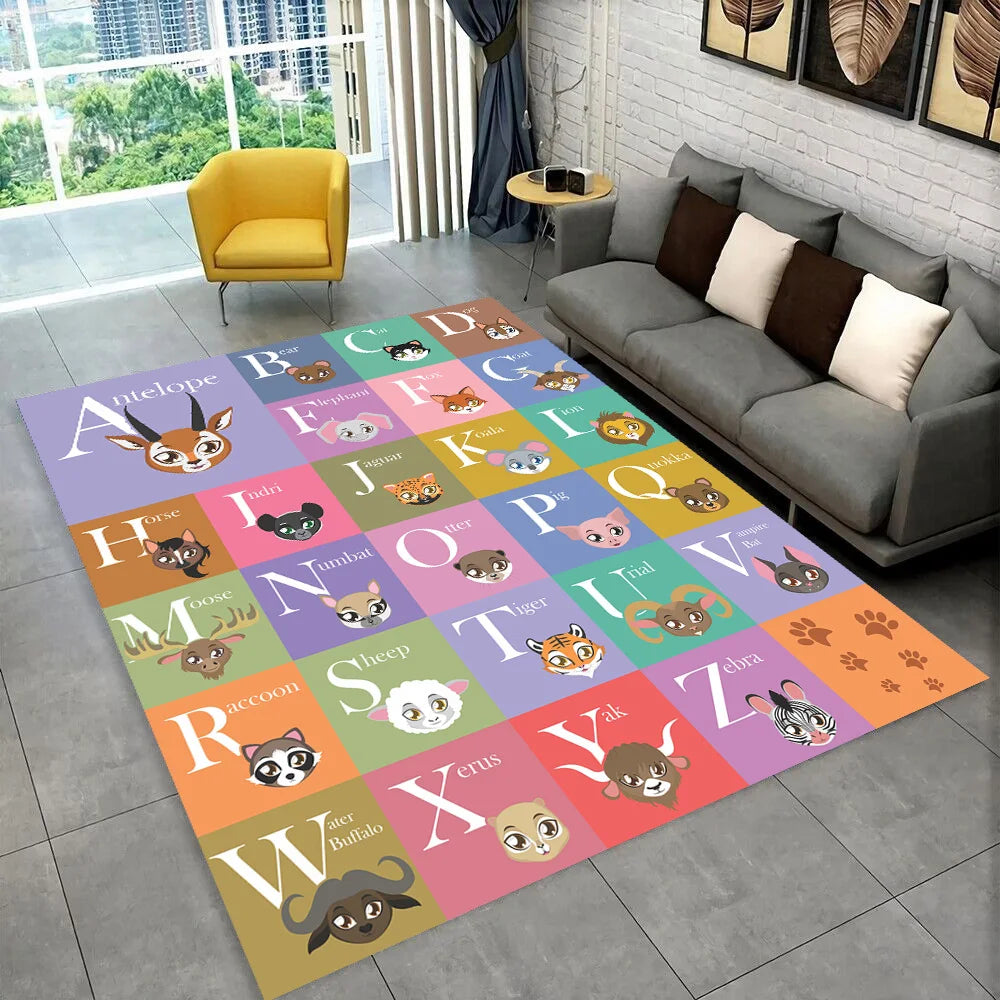 A colorful alphabet rug featuring cartoon animals for kids playrooms and educational areas