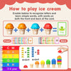A set of ice cream-shaped Montessori sorting toys for early learning featuring letters and words on the front and back.