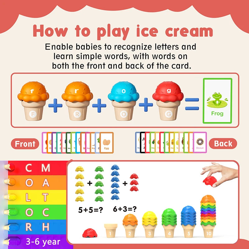 A set of ice cream-shaped Montessori sorting toys for early learning featuring letters and words on the front and back.