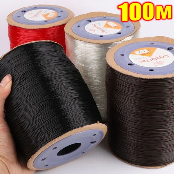 Rolls of 1mm elastic beading cord in red, silver, and black for DIY jewelry making