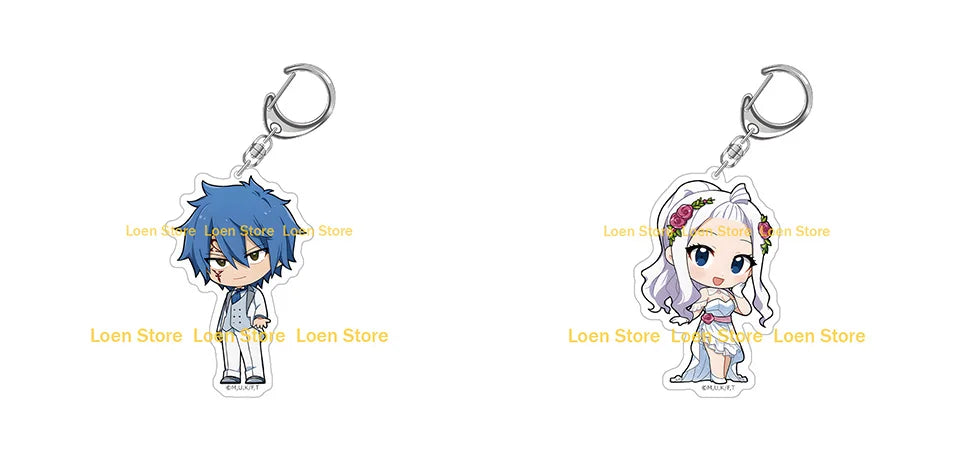 Chibi acrylic keychain of a blue-haired male character from Fairy Tail with a silver keyring.