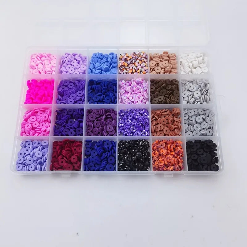 A clear plastic box filled with various colors of flat round polymer clay beads for DIY jewelry making