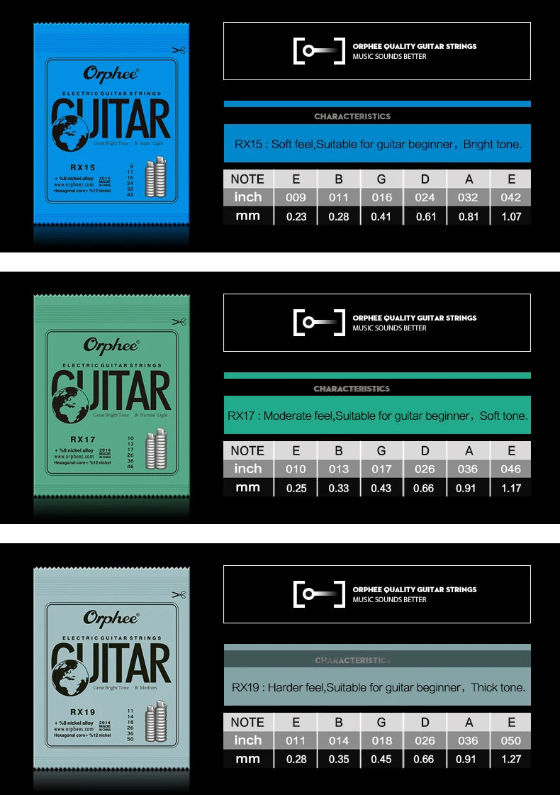 Orphee RX series electric guitar strings in various gauges and colors for different guitars