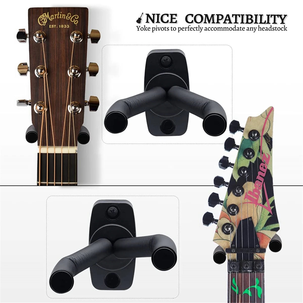 A black wall mount guitar hanger with yoke pivots designed to accommodate any headstock.
