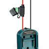 Makita battery adapter with switch and fuse for DIY projects shown in a teal housing.