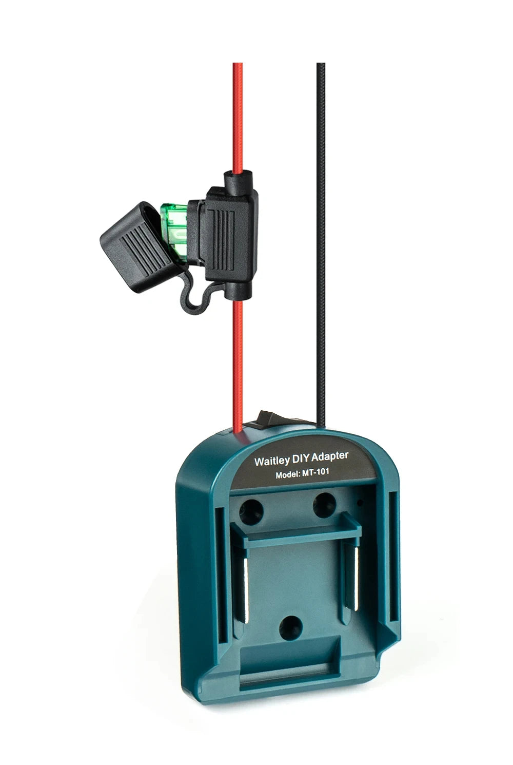 Makita battery adapter with switch and fuse for DIY projects shown in a teal housing.