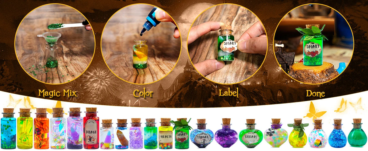 Eine Sammlung bunter Glasfläschchen und Zutaten für ein DIY Zauber-Potion-Set.