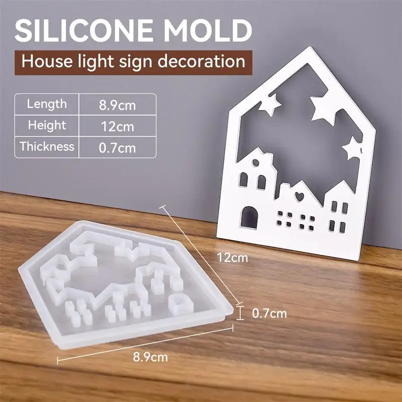 A white silicone mold for a house light sign decoration is shown alongside its corresponding negative space and dimensions.