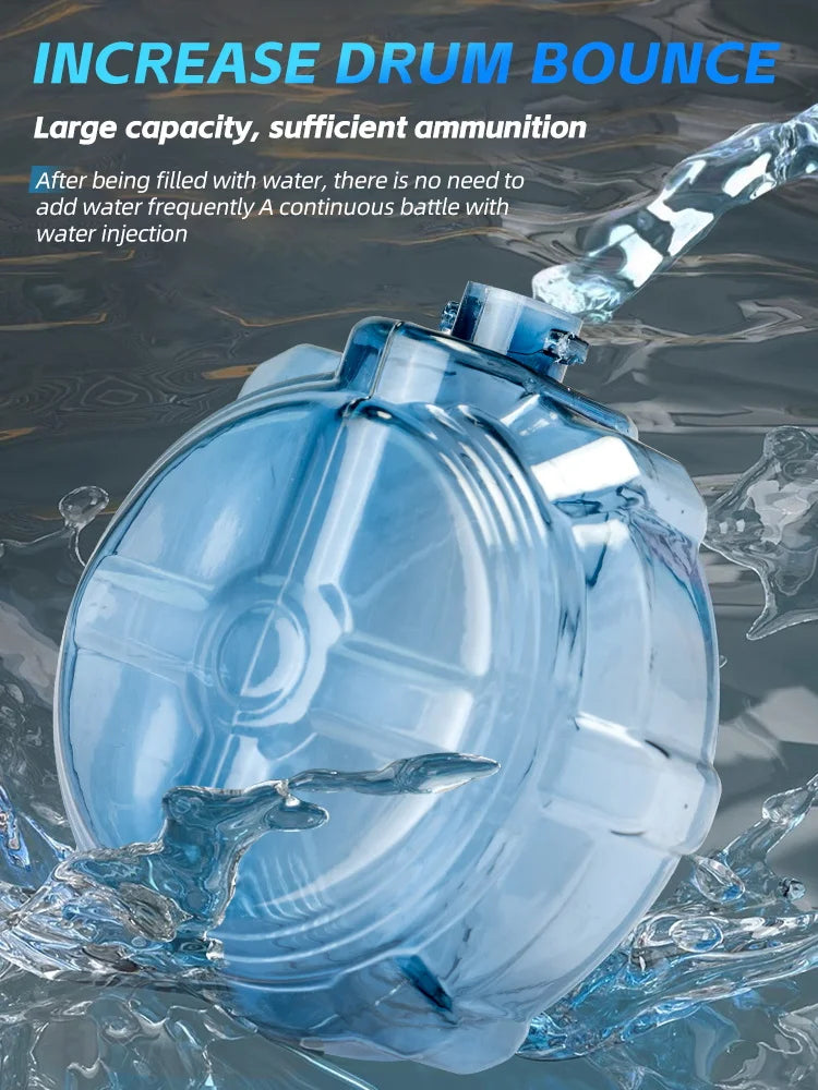 A clear plastic water gun with a large tank is shown being used in water.