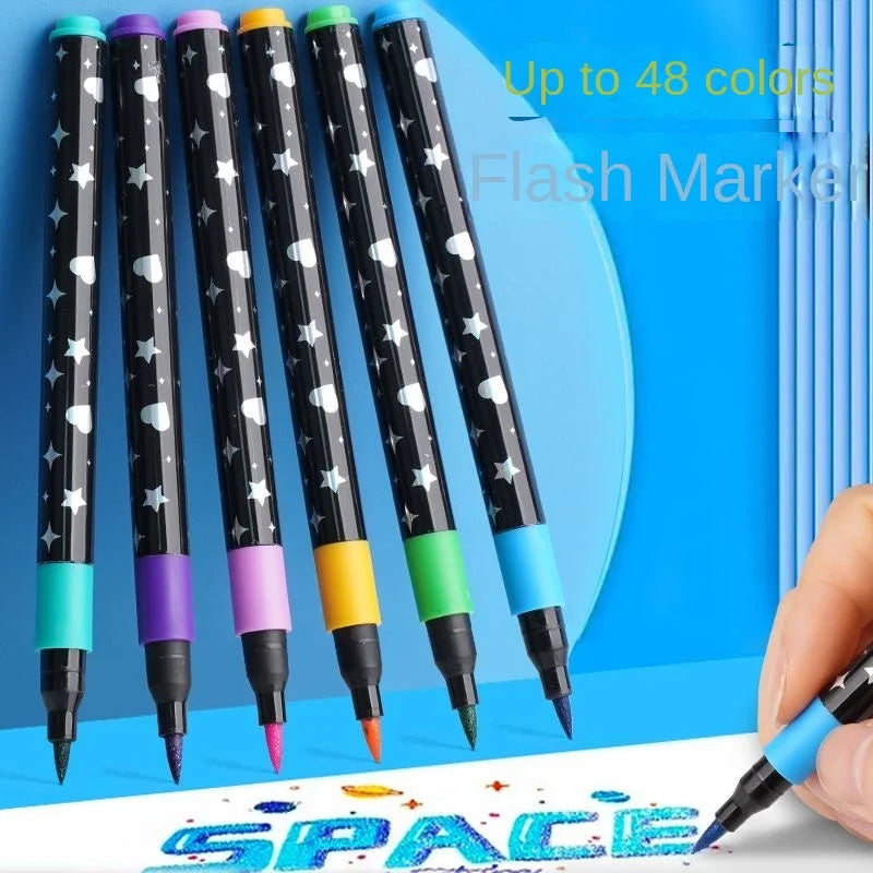A set of 48 dual brush tip glitter markers in various colors displayed against a blue background.