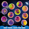 Colorful galaxy slime party favors in various vibrant colors and textures against a dark, starry background.