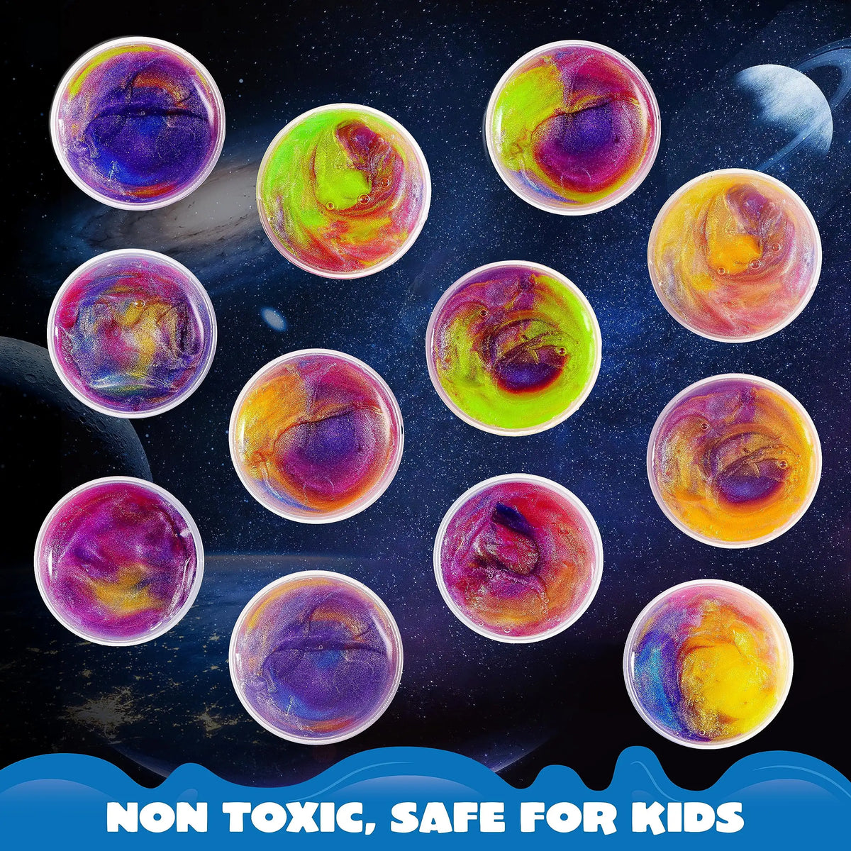Colorful galaxy slime party favors in various vibrant colors and textures against a dark, starry background.