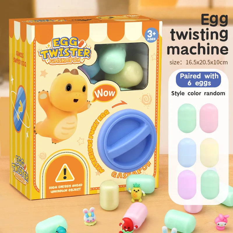 A box of Egg Twister gashapon toys showing a yellow egg and various colored plastic eggs.