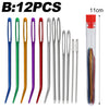 A set of 12 stainless steel sewing needles in various colors stored in a clear tube.
