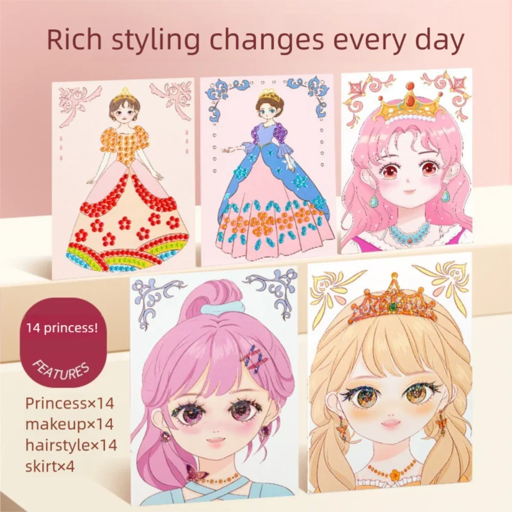 A set of DIY princess makeup and dress-up playset featuring various outfits, hairstyles, and accessories for children.