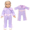 A purple winter doll coat and dress outfit featuring pink accents and fluffy trim for an 18-inch doll.