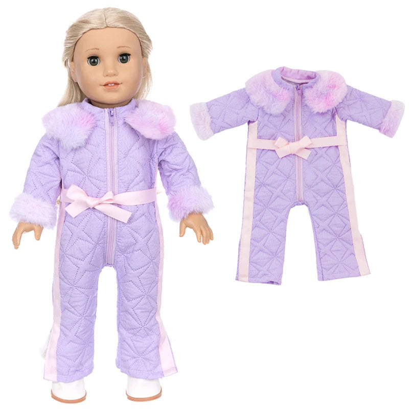 A purple winter doll coat and dress outfit featuring pink accents and fluffy trim for an 18-inch doll.