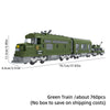 A model of a green vintage steam passenger train built from building blocks.