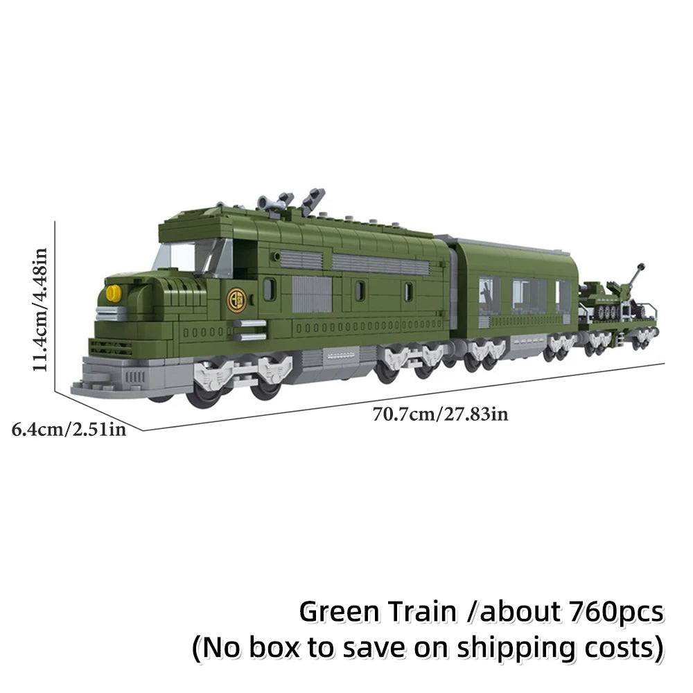 A model of a green vintage steam passenger train built from building blocks.