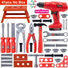 A red battery-powered electric drill and various tools including pliers, hammers, and various plastic components.