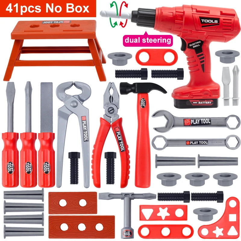 A red battery-powered electric drill and various tools including pliers, hammers, and various plastic components.