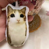 A small, light brown and white cat plush keychain with large black eyes is being held by a hand.