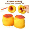 A yellow caramel pudding stress ball fidget toy shown in various forms, including a round ball and a cylindrical shape.