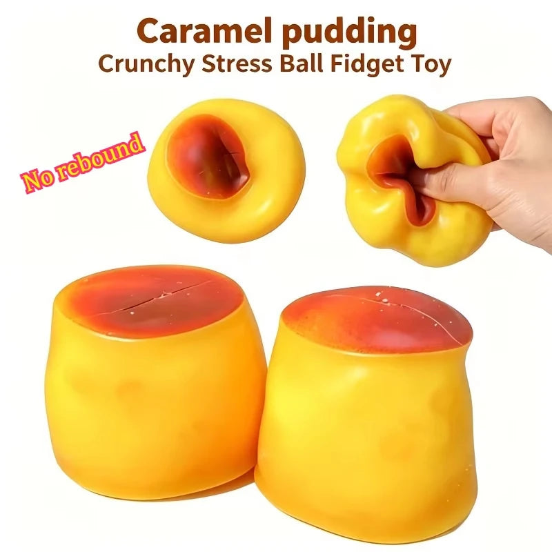 A yellow caramel pudding stress ball fidget toy shown in various forms, including a round ball and a cylindrical shape.