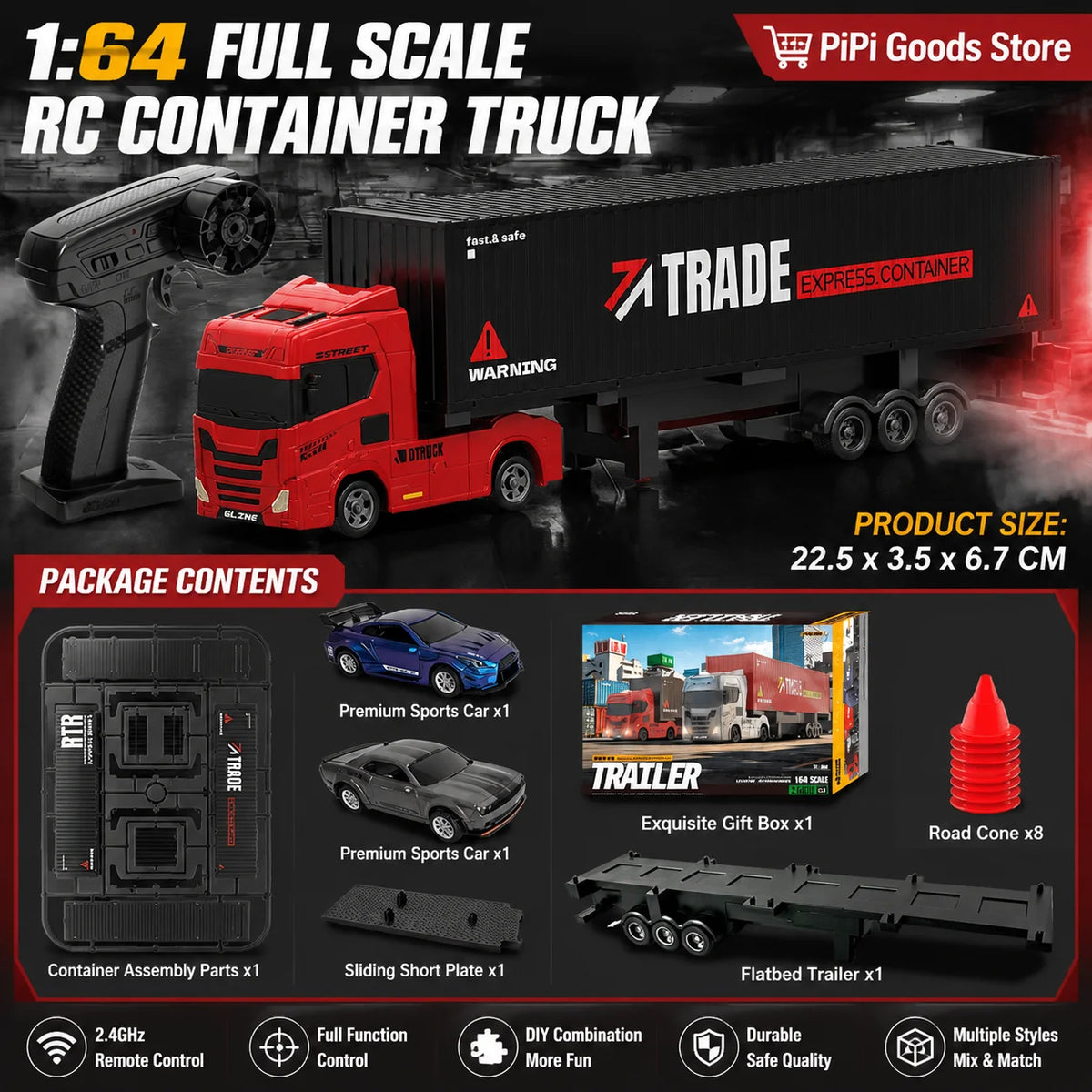 A black RC container truck model with a red cab and trailer, along with various assembly parts and accessories.