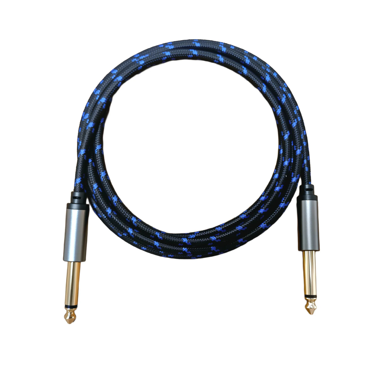 A black instrument cable with a right-angle connector for guitar and bass