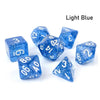 A set of seven light blue acrylic polyhedral dice for tabletop role-playing games
