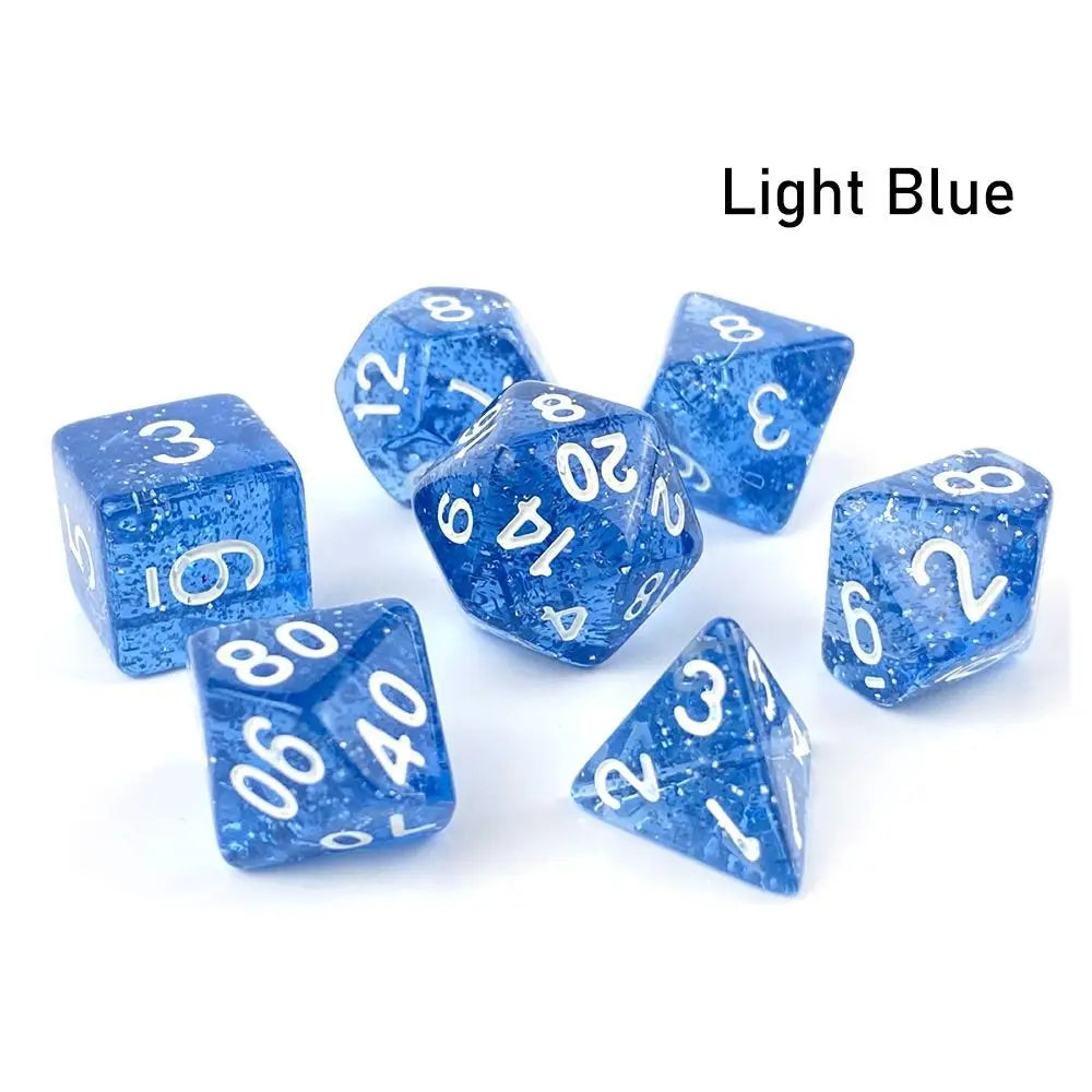 A set of seven light blue acrylic polyhedral dice for tabletop role-playing games