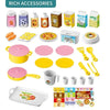 A collection of colorful mini pretend play kitchen accessories including food items and cooking tools.