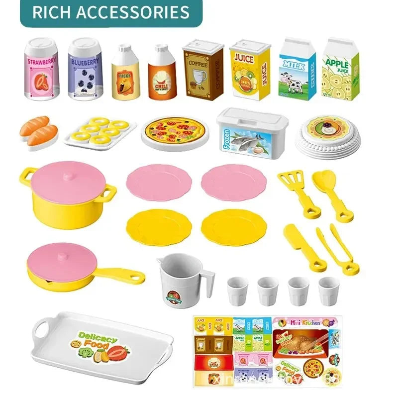 A collection of colorful mini pretend play kitchen accessories including food items and cooking tools.