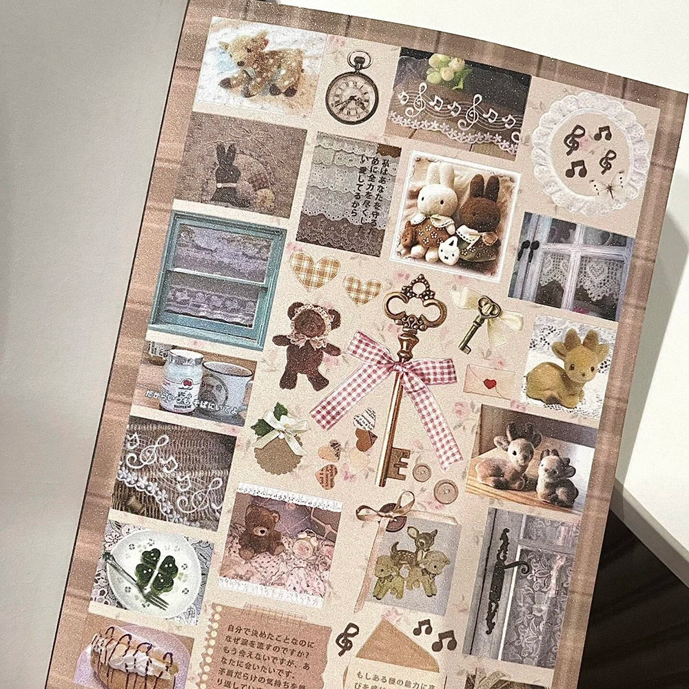 A collage of retro Showa style stickers featuring animals, musical notes, and decorative elements.