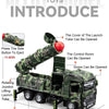 A camouflage military missile truck toy with various features like an opening cover, control room, doors, rotating joystick, 