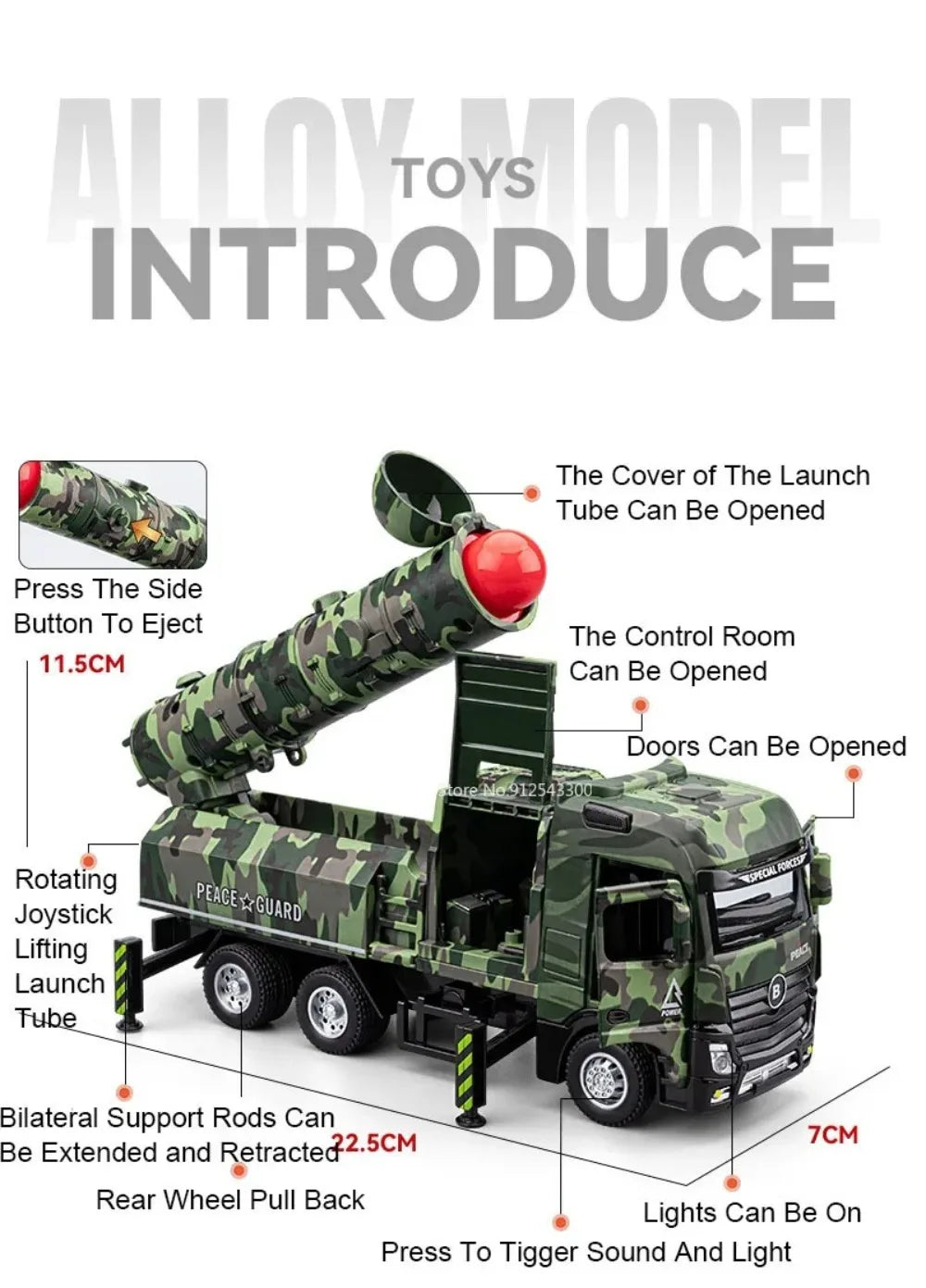 A camouflage military missile truck toy with various features like an opening cover, control room, doors, rotating joystick, 