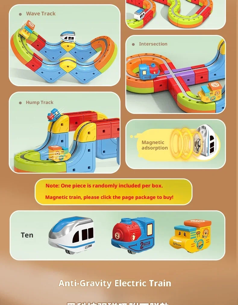 A set of magnetic anti-gravity train tracks and trains with glowing rails for building a train set.