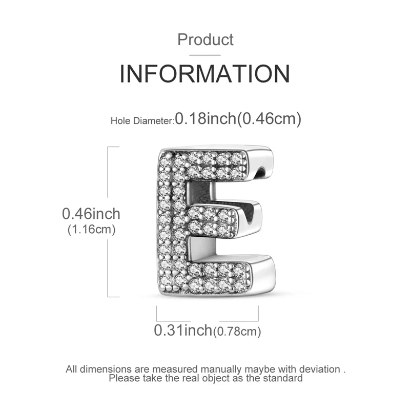 A sterling silver charm bead shaped like the letter E with a hole for DIY jewelry making