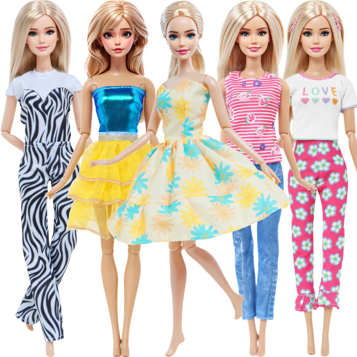 Five fashion dolls wearing casual outfits and jeans in various colors and patterns