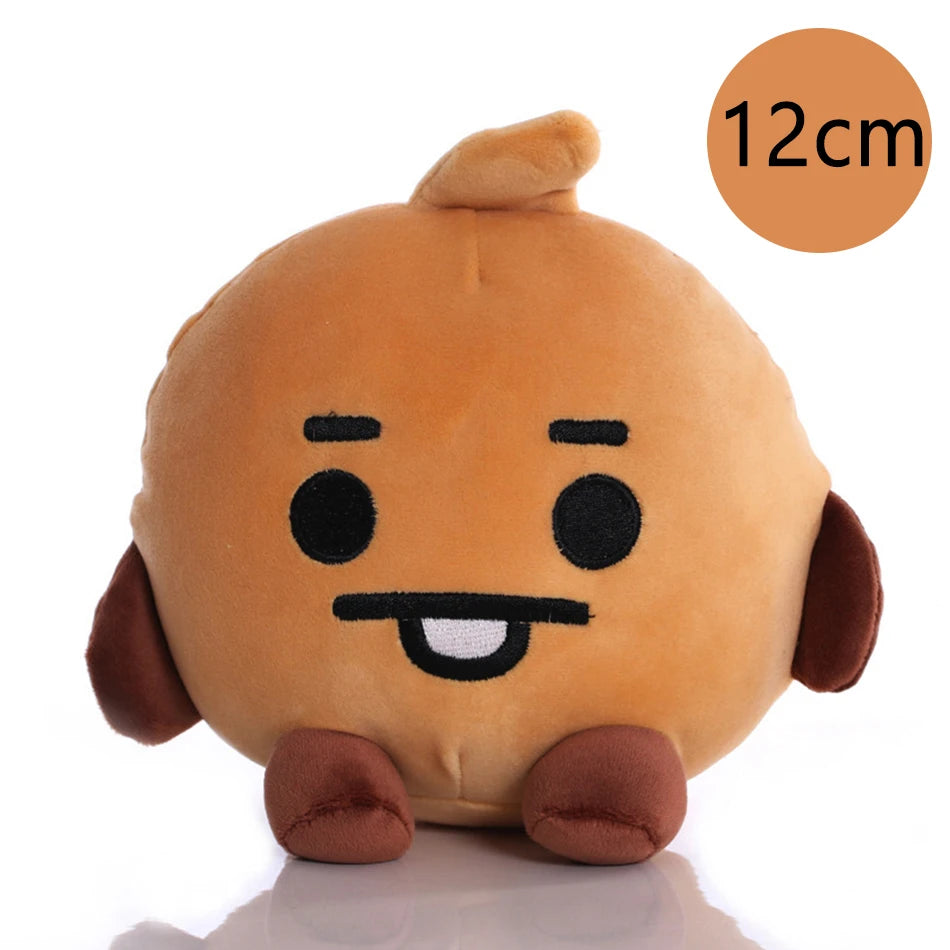 A round, tan mini plush keychain with black facial features and brown ears.