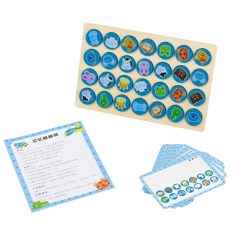 A wooden memory chess game featuring various animal and object tiles for kids.