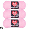 Three skeins of pink Super Soft yarn labeled GVD YARN for crochet and knitting