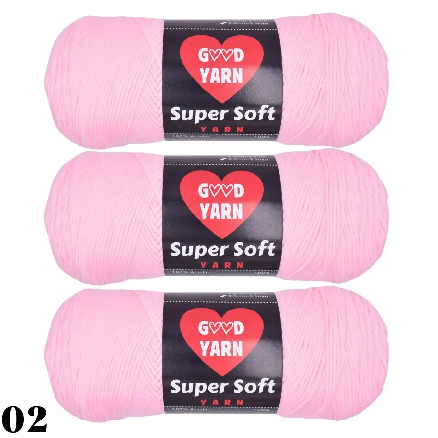 Three skeins of pink Super Soft yarn labeled GVD YARN for crochet and knitting
