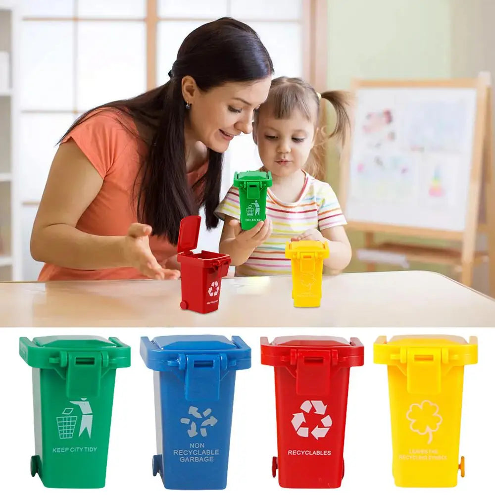 A set of mini recycling truck toys in green, blue, and red colors for children.