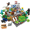 Eine Sammlung LEGO-Bausteine, die eine Bauernhofdörfer-Szene mit verschiedenen Figuren und Strukturen darstellen.